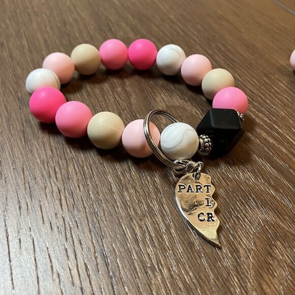 Handmade "Partners in Crime" Set of Pink/White Keychains Best Friend Gifts - Picture 5 of 6